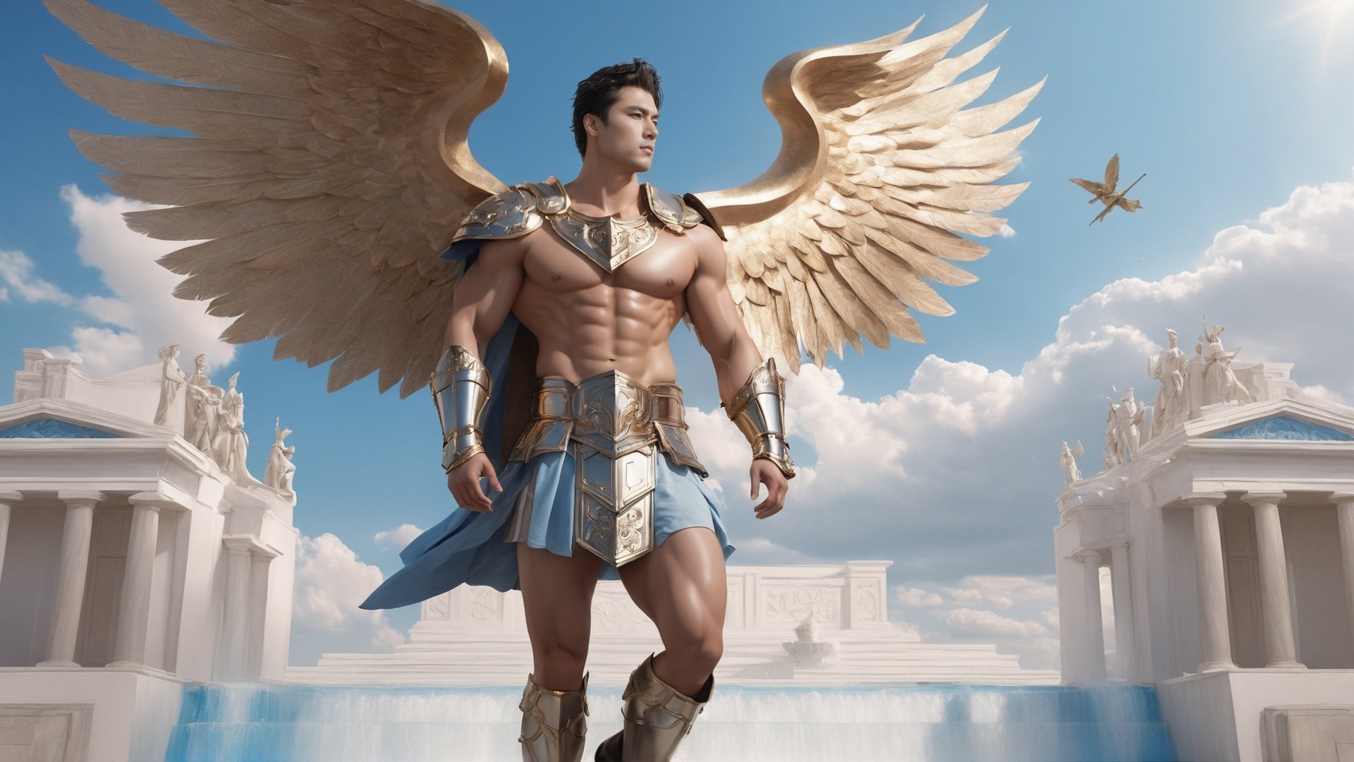 masterpiece, 1 Man, Look at me, Topless, Armor, Expose your belly button, Metal belt, Metal shoulder guard, Greek style, Outdoor, Light blue sky, Clouds, Fountain, Full-body photo, Greek architecture, Barefoot, Wings on the back, Fly up, Shorts<lora:PinkMan-000006:0.6>