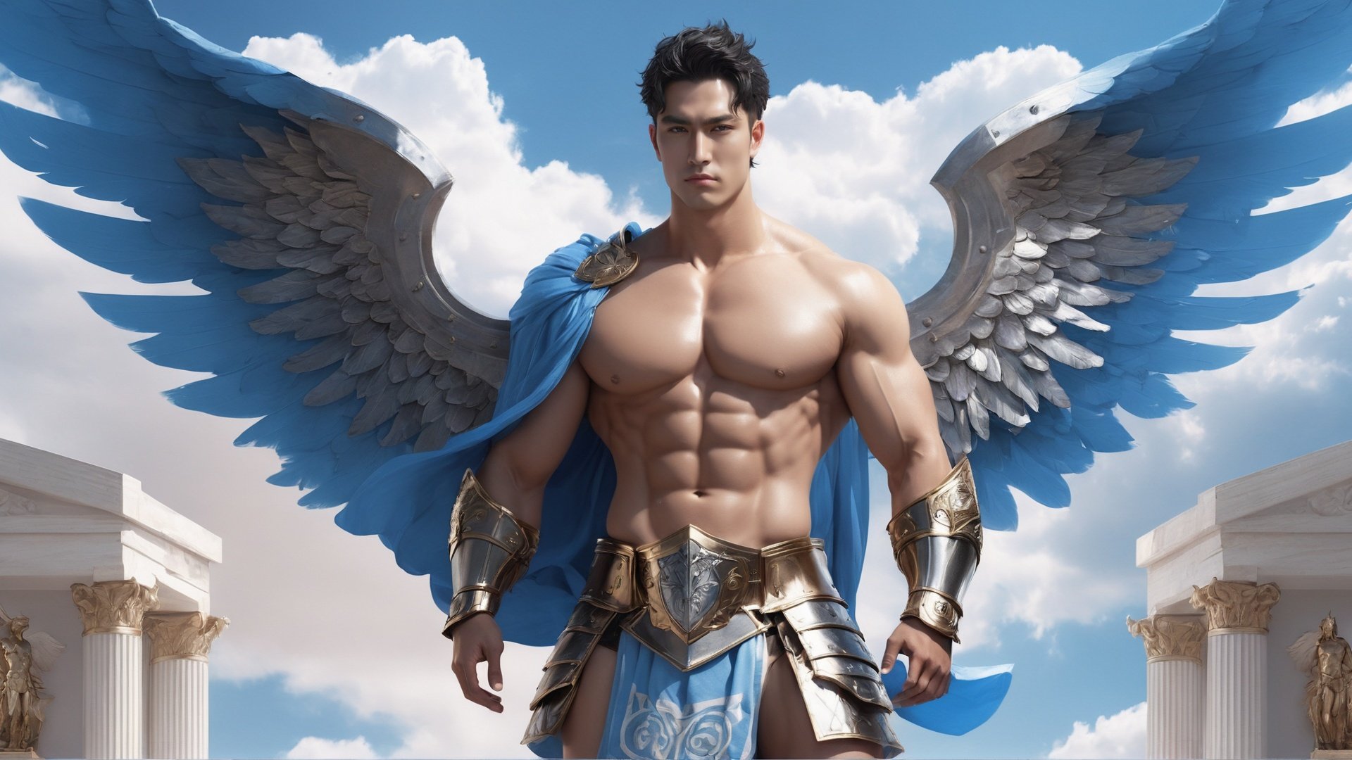 masterpiece, 1 Man, Look at me, Topless, Armor, Expose your belly button, Metal belt, Metal shoulder guard, Greek style, Outdoor, Light blue sky, Clouds, Fountain, Full-body photo, Greek architecture, Barefoot, Wings on the back, Fly up, Shorts<lora:PinkMan-000006:0.6>