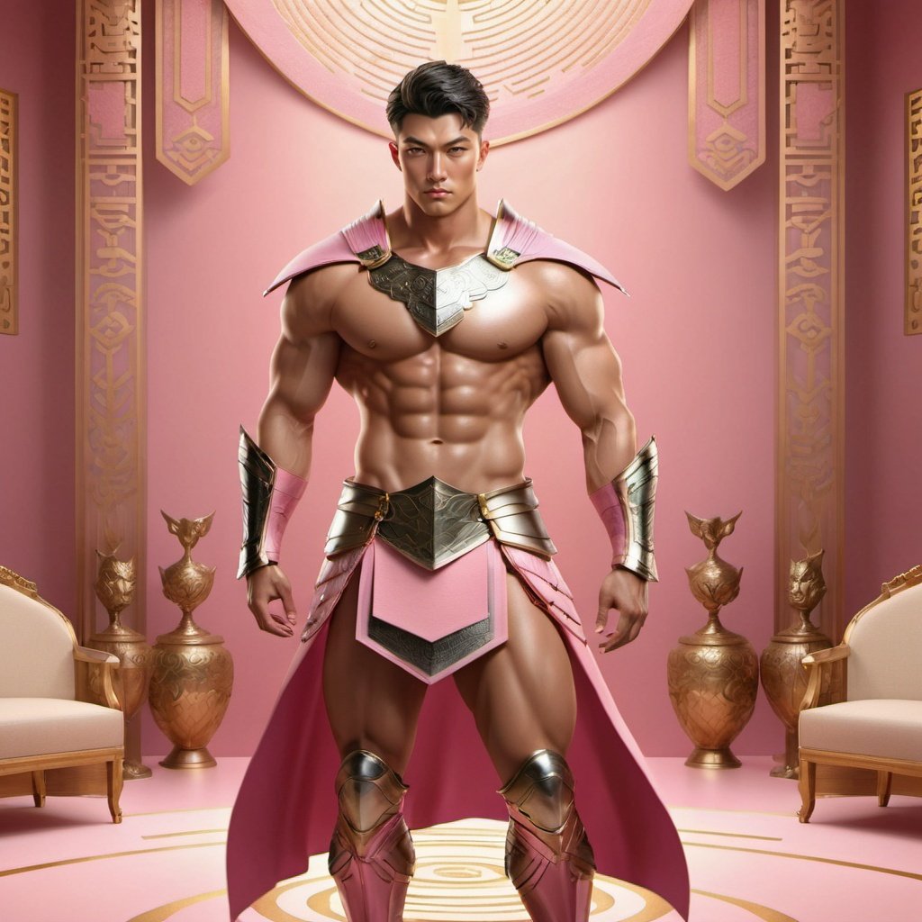 masterpiece, 1 Man, Look at me, Handsome, Pinkman, Muscular development, Topless, Armor, Expose your belly button, Short hair, (Whole body:1.2), Indoor, Golden wall carving, Carving, Pink background, Metal shoulder guard, Necklace, Above the leg, textured skin, super detail, best quality ,Future City,MenEro