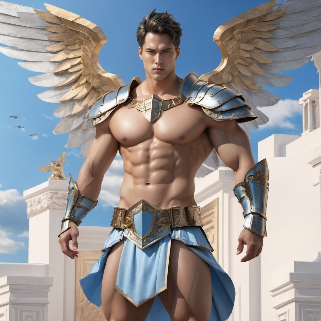 masterpiece, 1 Man, Look at me, Topless, Armor, Expose your belly button, Metal belt, Metal shoulder guard, Greek style, Outdoor, Light blue sky, Clouds, Fountain, Full-body photo, Greek architecture, Barefoot, Wings on the back, Fly up, Shorts,Future City,MenEro