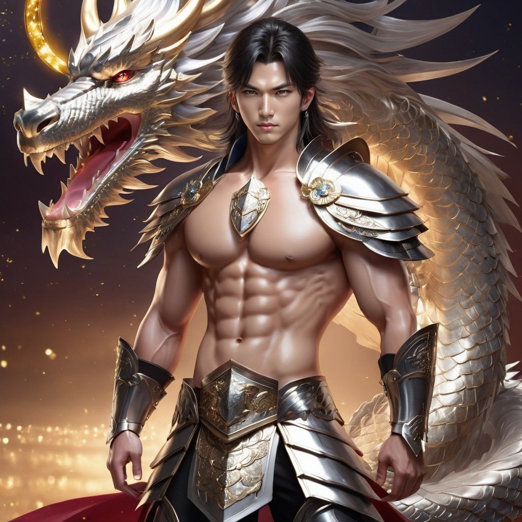 boy, long hair, jewelry, Short hair, looking at viewer, dragon, hair ornament, solo, light particles, forehead jewel, facial mark, closed mouth, eastern dragon, bangs, hair between eyes, forehead mark, shoulder armor, Above the leg, Expose your belly button, Topless, Metal shoulder guard, sparkle<lora:PinkMan-000006:0.6>