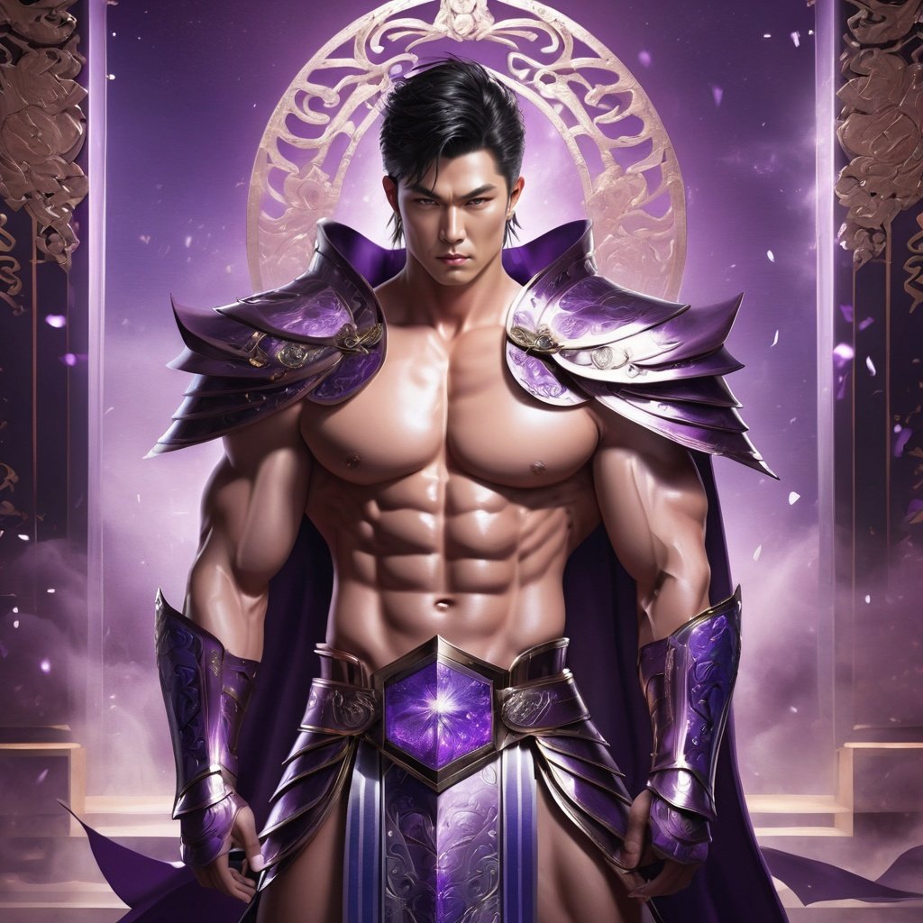 masterpiece, 1 Man, Look at me, Wearing armor., Nude, Expose your belly button, Metal shoulder guard, Muscular development, Metal belt, A fantastic scene, lustrous and dazzling, A huge array of magic, Use dark magic., Purple magic alternates with blue magic, Metallic luster, Carving, Asian<lora:PinkMan-000006:0.6> 