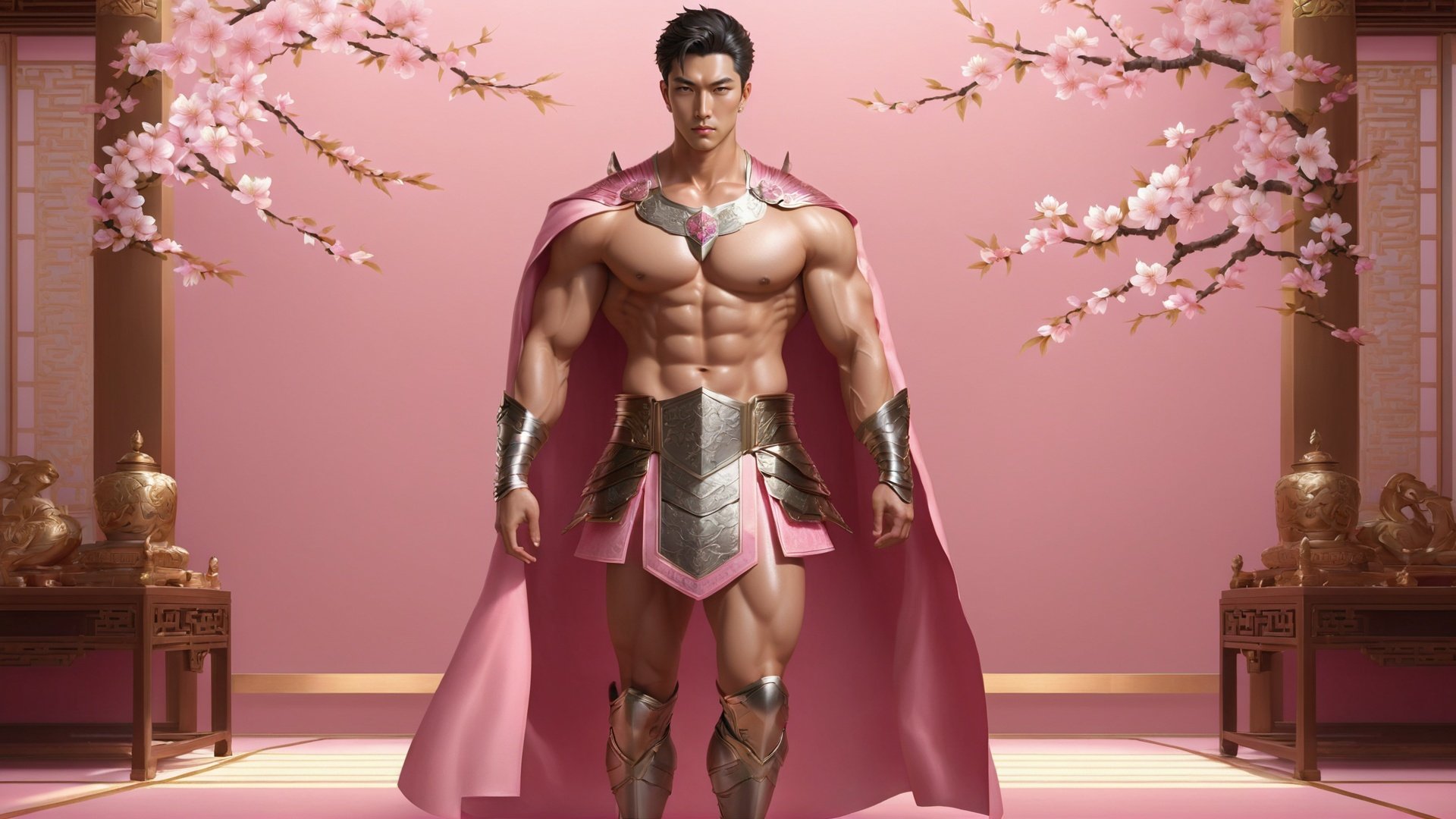 masterpiece, 1 Man, Look at me, Handsome, Pinkman, Muscular development, Topless, Armor, Expose your belly button, Short hair, (Whole body:1.2), Indoor, Golden wall carving, Carving, Pink background, Metal shoulder guard, Necklace, Above the leg, textured skin, super detail, best quality,Whole body,Barefoot,Peach blossom<lora:PinkMan-000006:0.6>