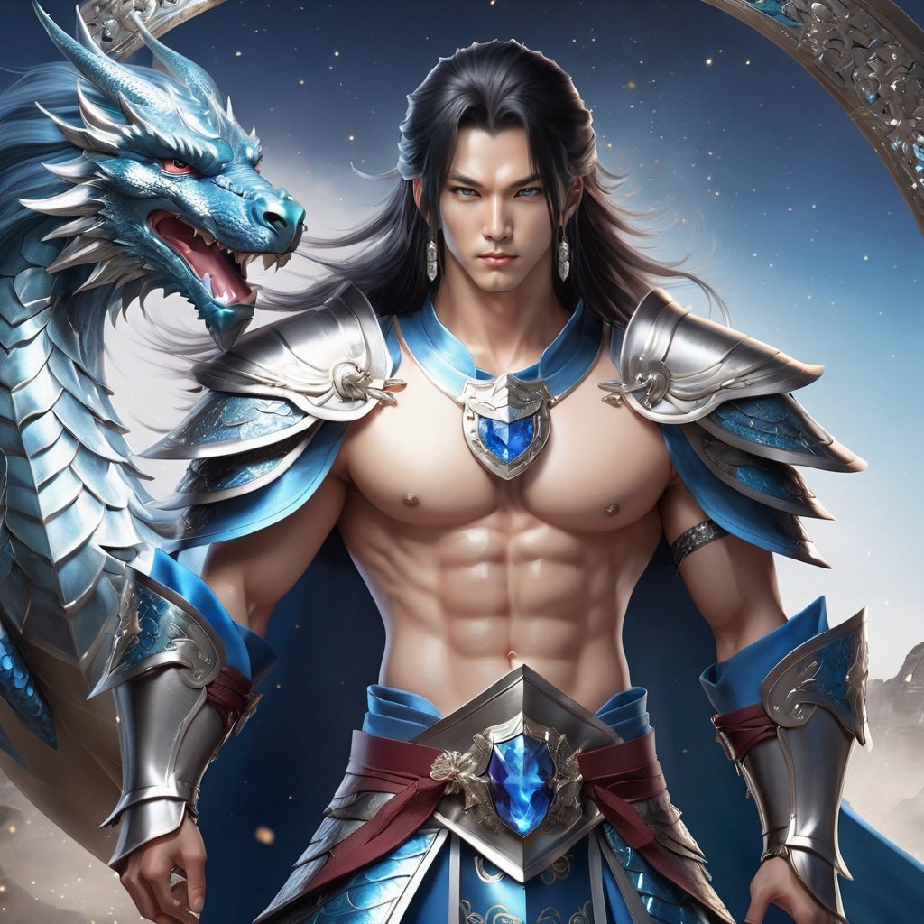 boy, long hair, jewelry, earrings, blue hair, looking at viewer, dragon, hair ornament, solo, light particles, forehead jewel, facial mark, closed mouth, eastern dragon, bangs, hair between eyes, forehead mark, shoulder armor, Above the leg, Expose your belly button, Topless, Metal shoulder guard, sparkle<lora:PinkMan-000006:0.6>