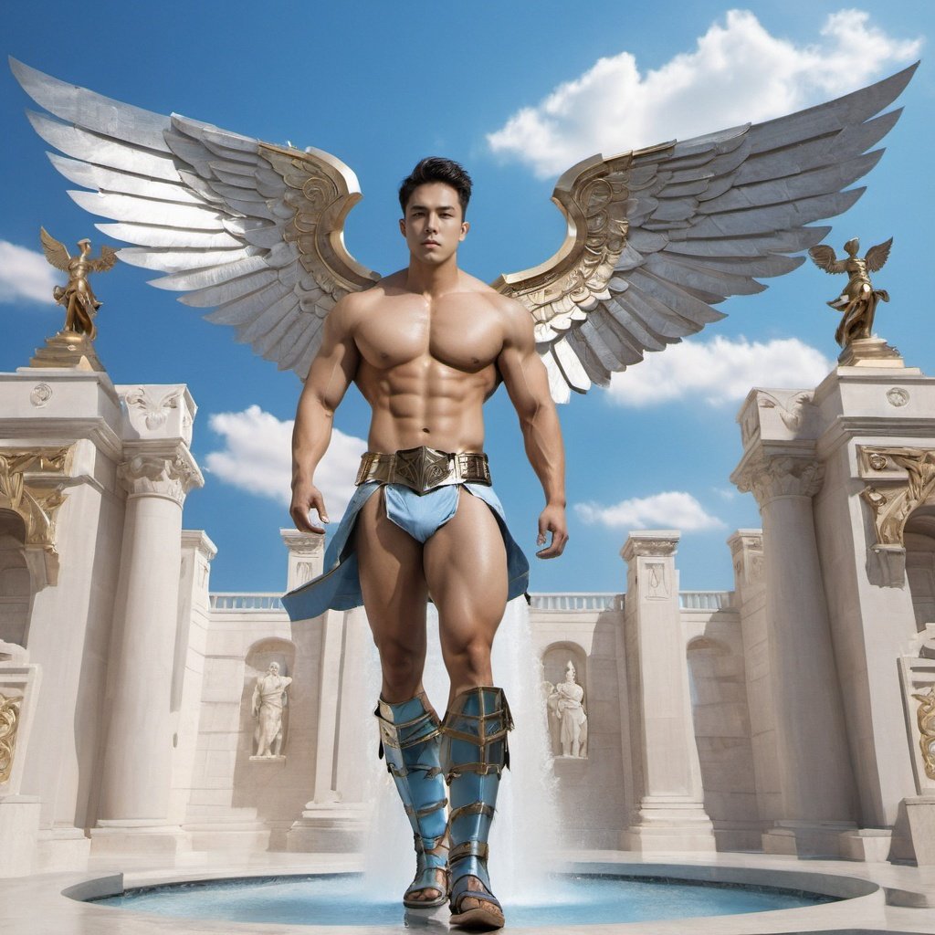 masterpiece, 1 Man, Look at me, Topless, Armor, Expose your belly button, Metal belt, Metal shoulder guard, Greek style, Outdoor, Light blue sky, Clouds, Fountain, Full-body photo, Greek architecture, Barefoot, Wings on the back, Fly up, Shorts,Future City,MenEro