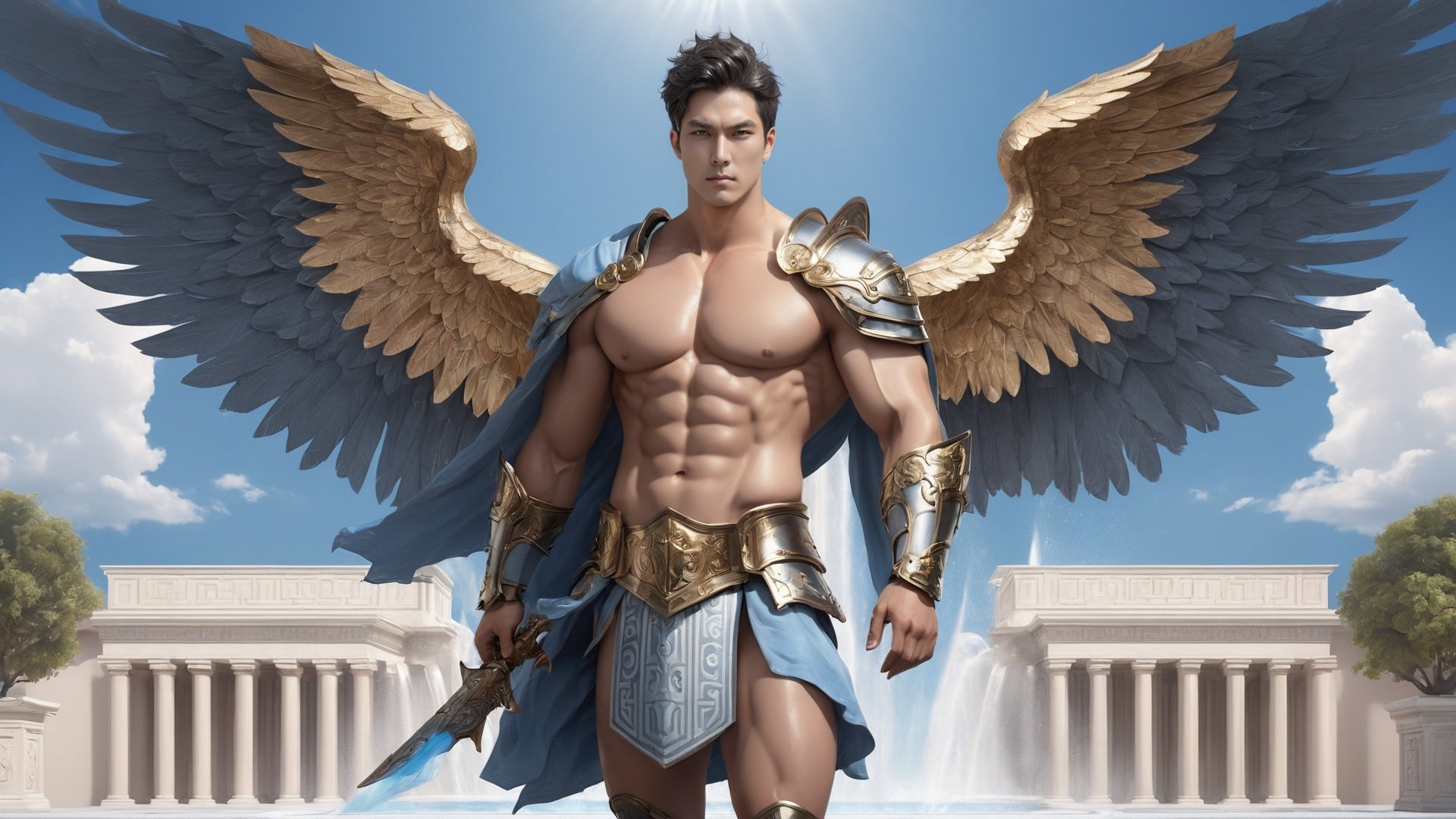 masterpiece, 1 Man, Look at me, Topless, Armor, Expose your belly button, Metal belt, Metal shoulder guard, Greek style, Outdoor, Light blue sky, Clouds, Fountain, Full-body photo, Greek architecture, Barefoot, Wings on the back, Fly up, Shorts<lora:PinkMan-000006:0.6>