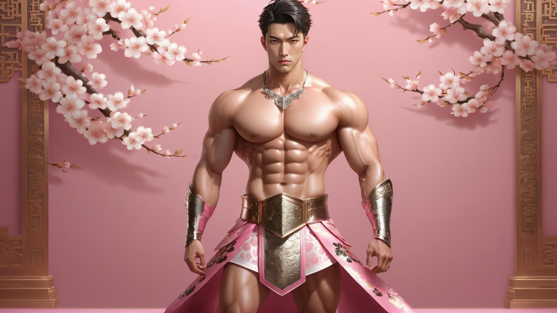 masterpiece, 1 Man, Look at me, Handsome, Pinkman, Muscular development, Topless, Armor, Expose your belly button, Short hair, (Whole body:1.2), Indoor, Golden wall carving, Carving, Pink background, Metal shoulder guard, Necklace, Above the leg, textured skin, super detail, best quality,Whole body,Barefoot,Peach blossom<lora:PinkMan-000006:0.6>