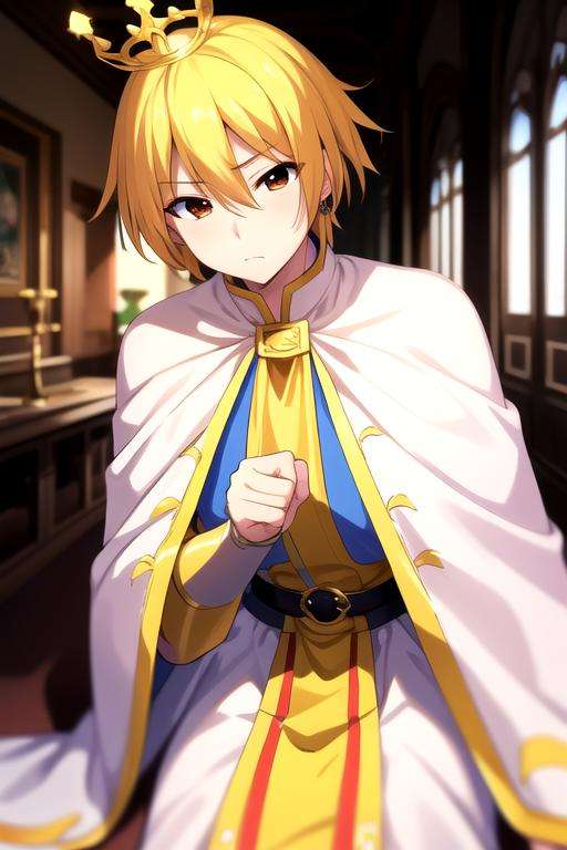 masterpiece, best quality, wallpaper, 1boy, solo, male focus, looking at viewer, , depth of field, <lora:keita_torii:0.68>, keita_torii, blonde hair, brown eyes, easter costume, Xanadu: A magical kingdom ruled by a wise and benevolent queen, 16k resolution