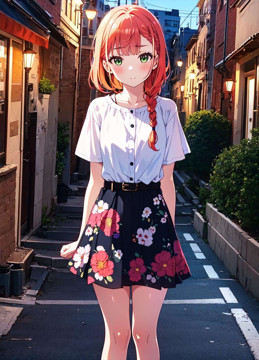 aika, 1girl, solo, long hair:1.5, looking at viewer, blush, bangs, closed mouth, green eyes, braid, orange hair, <lora:aika+15+v1-000006:0.9>, <lora:GoodHands-beta2:1>, shy, tsundere, jewelry, collarbone, off-shoulder shirt, white shirt, puffy short sleeves, belt, skirt, floral print, bare legs, city, absurdres, 8k, beatifull lamppost,  beatifull lights, arms behind back, 