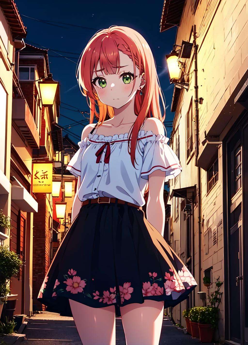 aika, 1girl, solo, long hair:1.5, looking at viewer, blush, bangs, closed mouth, green eyes, orange hair, <lora:aika+15+v1-000006:0.9>, <lora:GoodHands-beta2:1>, shy, tsundere, jewelry, collarbone, off-shoulder shirt, white shirt, puffy short sleeves, belt, skirt, floral print, bare legs, city, absurdres, 8k, beatifull lamppost,  beatifull lights, arms behind back, 