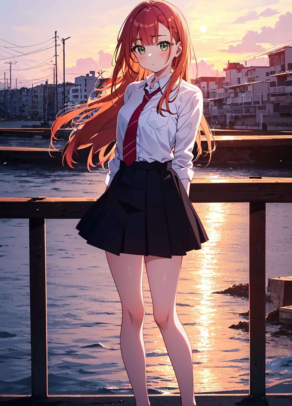 aika, 1girl, solo, long hair, looking at viewer, blush, bangs, shirt, closed mouth, green eyes, white shirt, necktie, collared shirt, orange hair, red necktie, <lora:aika+15+v1-000006:0.8>, standing, blue short skirt, bare legs, <lyco:GoodHands-beta2:1.0>, masterpiece, sunset, absurdres