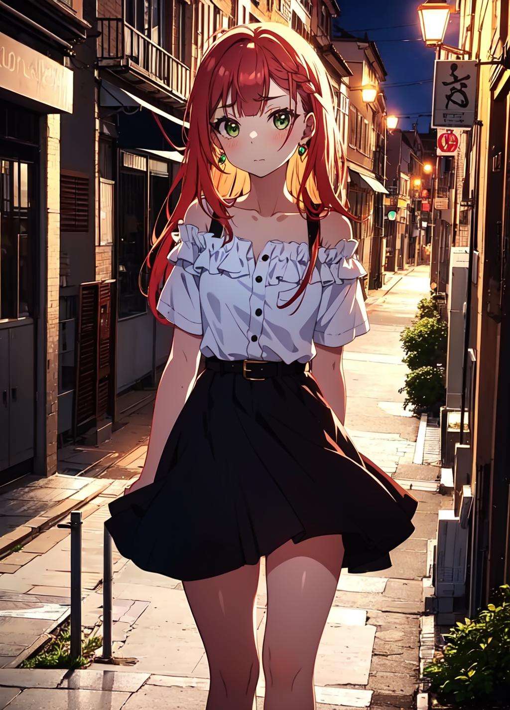 aika, 1girl, solo, long hair:1.5, looking at viewer, blush, bangs, closed mouth, green eyes, orange hair, <lora:aika+15+v1-000006:0.9>, <lora:GoodHands-beta2:1>, shy, tsundere, jewelry, collarbone, off-shoulder shirt, white shirt, puffy short sleeves, belt, skirt, floral print, bare legs, city, absurdres, 8k, beatifull lamppost,  beatifull lights, arms behind back, standing, from behind, 