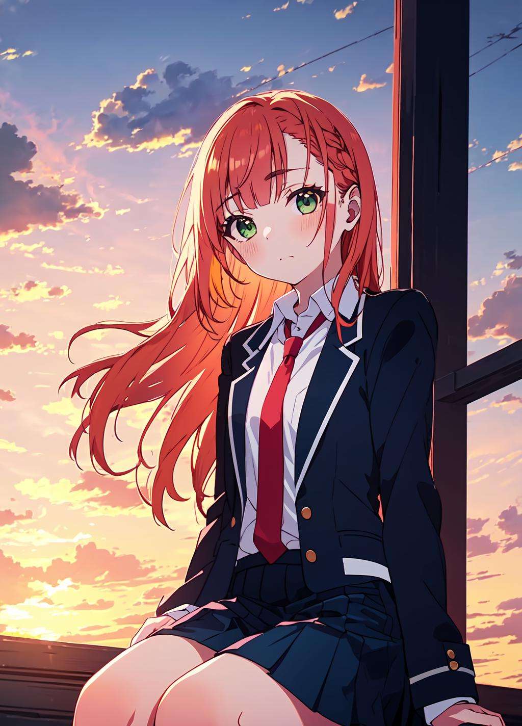 aika, 1girl, solo, long hair, looking at viewer, blush, bangs, shirt, closed mouth, green eyes, white shirt, necktie, collared shirt, orange hair, BLUE blazer, red necktie, <lora:aika+15+v1-000006:0.8>, sitting, school, blue short skirt, bare legs, <lyco:GoodHands-beta2:1.0>, masterpiece, sunset, dynamic lights, absurdres, 