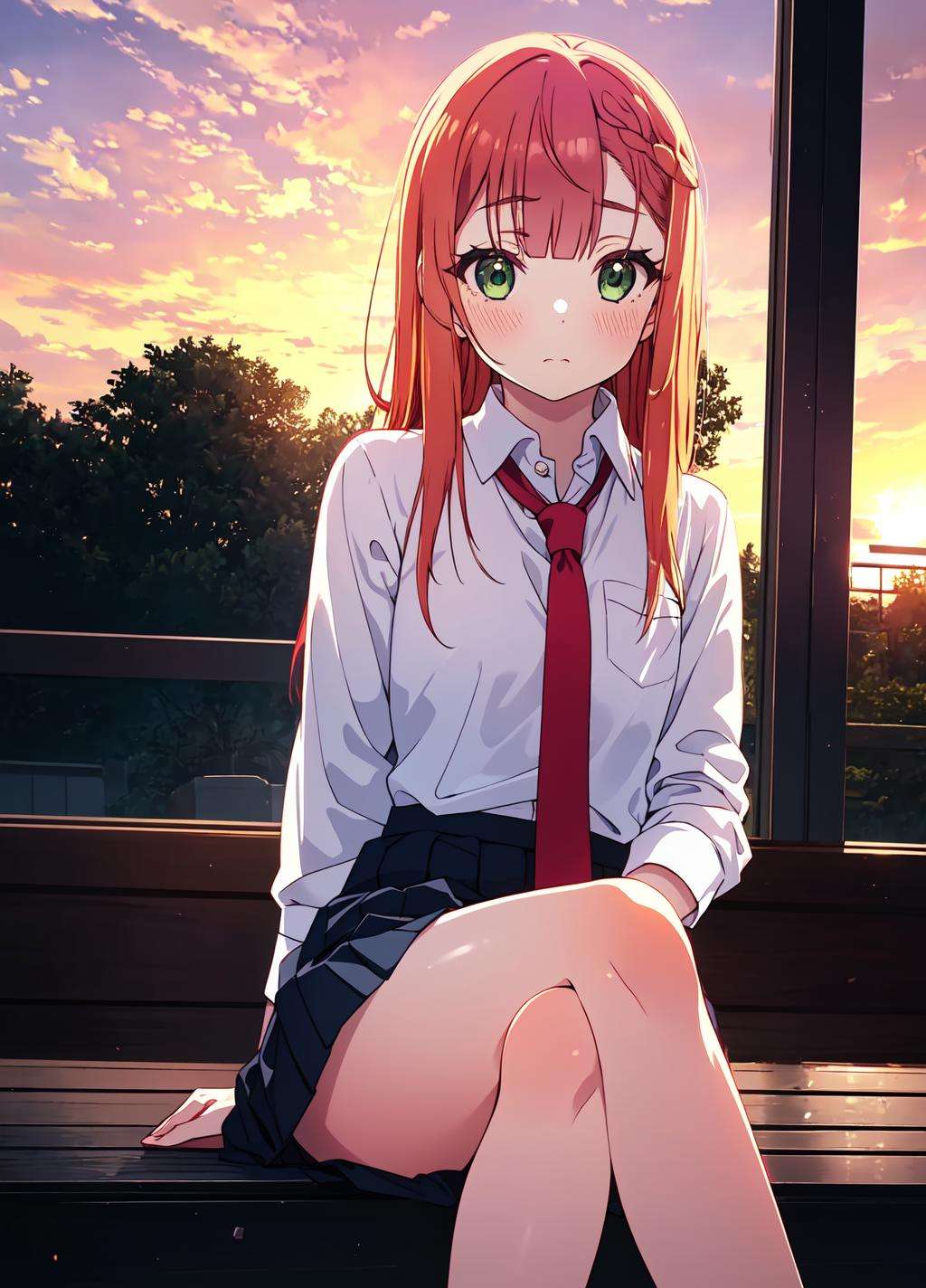 aika, 1girl, solo, long hair, looking at viewer, blush, bangs, shirt, closed mouth, green eyes, white shirt, necktie, collared shirt, orange hair, red necktie, <lora:aika+15+v1-000006:0.9>, crossed legs, blue short skirt, bare legs, <lyco:GoodHands-beta2:1.0>, masterpiece, sunset, absurdres, sitting, 