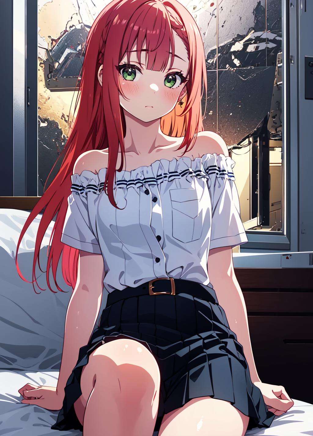 aika, 1girl, solo, long hair:1.5, looking at viewer, blush, bangs, closed mouth, green eyes, orange hair, <lora:aika+15+v1-000006:0.9>, <lora:GoodHands-beta2:1>, shy, tsundere, jewelry, collarbone, off-shoulder shirt, white shirt, puffy short sleeves, belt, skirt, floral print, bare legs, masterpiece,best quality,ultra-detailed,very detailed illustrations,extremely detailed,intricate details,highres,super complex details,extremely detailed 8k cg wallpaper, caustics,reflection,ray tracing, blush, background, illustration, bare legs, liying on bed, on back, bed, (lift skirt)