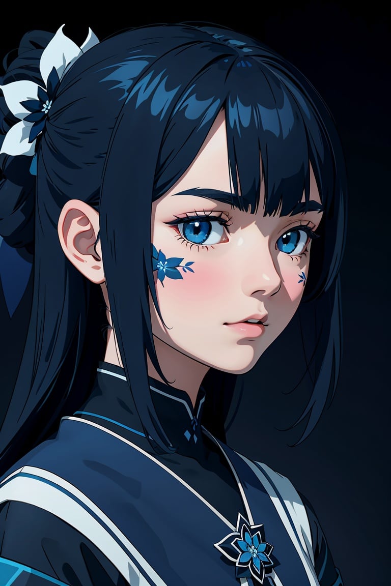 [[Midjourney style]]--4a beautiful picture of a girl with blue flowers on her face, in the style of monochromatic paintings, dark sky-blue and dark navy, dark sky-blue and dark white, multilayered realism, luminous shadowing, anime-inspired, elegant outlines