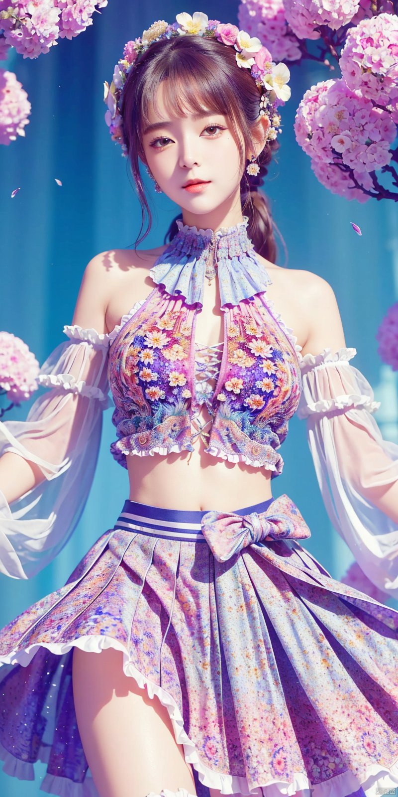 ,(masterpiece, top quality, best quality, official art, beautiful and aesthetic:1.2),(1girl),upper body,extreme detailed,(fractal art:1.3),colorful,flowers,highest detailed,1 girl,glowing,skirt tied over head,shirt, mpaidui,((poakl)), babata