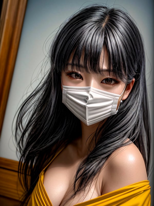 best quality, masterpiece, ultra high res, photorealistic, nsfw,  RAW photo,  Fractal,  shoulder-level shot of a japanese girl, 1girl, solo,  wearing Yellow Hunting clothing,  Murano hair,  Fangs,  Face mask,  at Dusk,  split diopter,  Graphic novel,  Relaxed,  Kingcore,  film grain,  Canon R5,  80mm,  Polychromatic,  National Geographic,  dslr, <lora:EMS-179-EMS:0.800000>