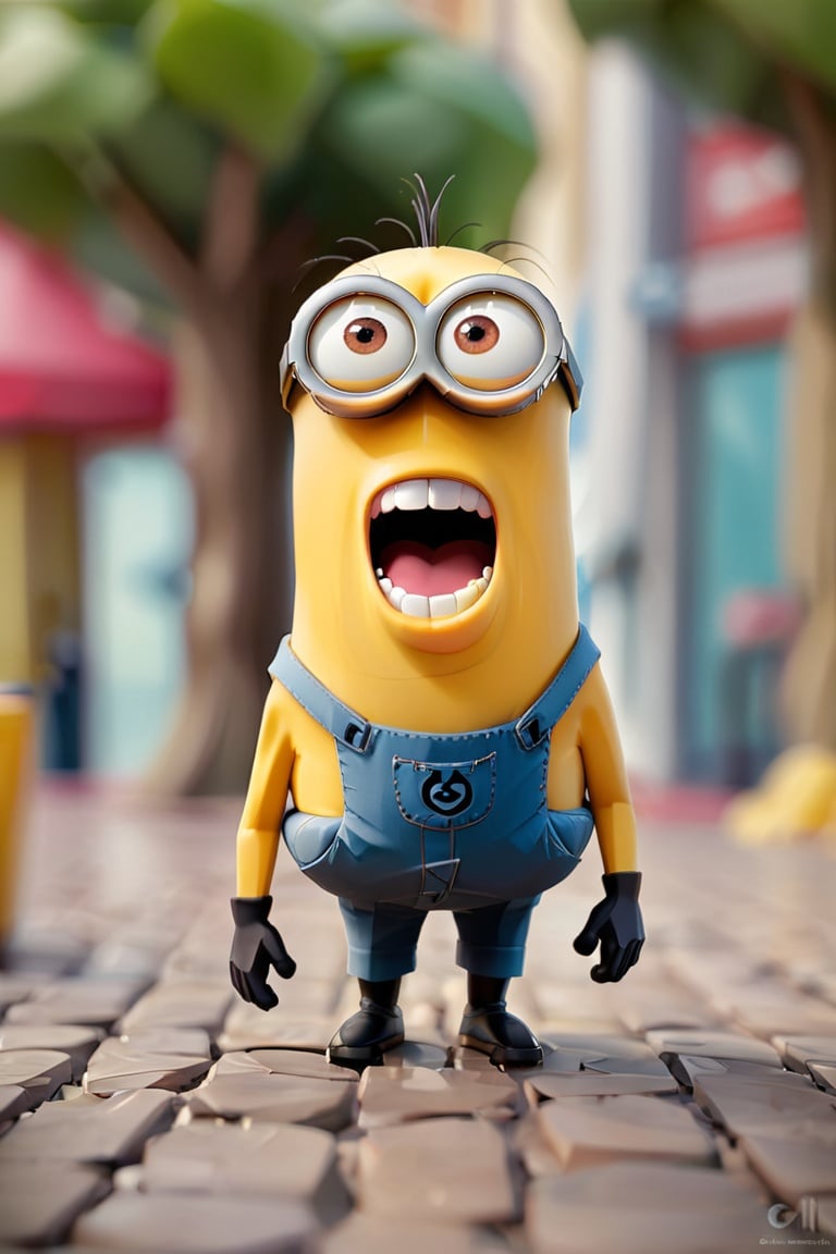 (smiling Minion dressed as the recognizable leader with a distinctive short haircut:1.6). A unique haircut characterized by its contrasting lengths between the top and the sides, A structure made from bananas positioned behind. Many Minions clinging to a large, finned device. Banana bunches are attached to this cylindrical object with tail fins, dominant Minion figure, expressive pose, prominent banana
