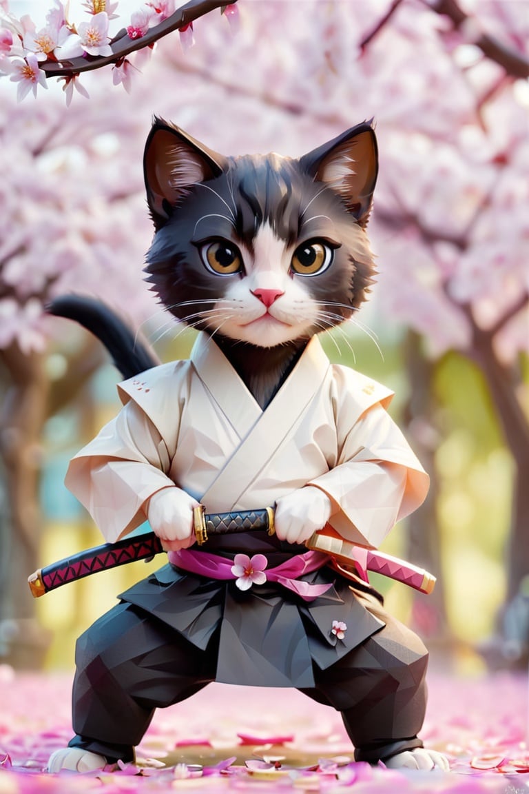 Amazing detailed photography of a cute adorable samurai kitten holding Katana with 2 paws, Cherry Blossom Tree petals floating in air, high resolution, piercing eyes,lifelike fur, Anti-Aliasing, FXAA, De-Noise, Post-Production, SFX, insanely detailed & intricate, hypermaximalist, elegant, ornate, hyper realistic, super detailed, noir coloration, serene, 16k resolution, full body,
