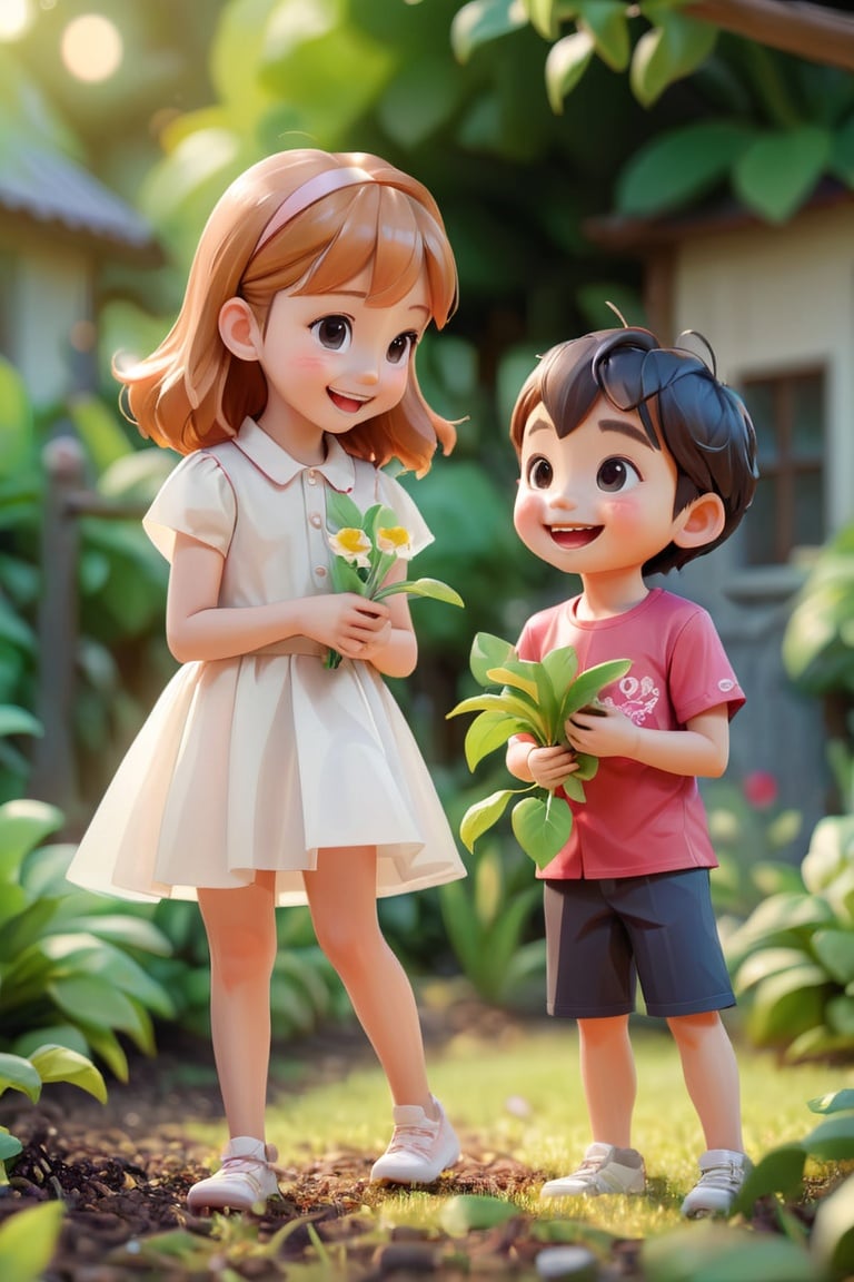 happy children's day, boy's and girl's playing in garden creatures, shy smile, kawaii, fantasy, dreamlike, surrealism, (dynamic pose), super cute, 8k, 3D, blender, CGI, highly detailed, intricate, award-wining, cinematic, beautiful light, 100mm,  
