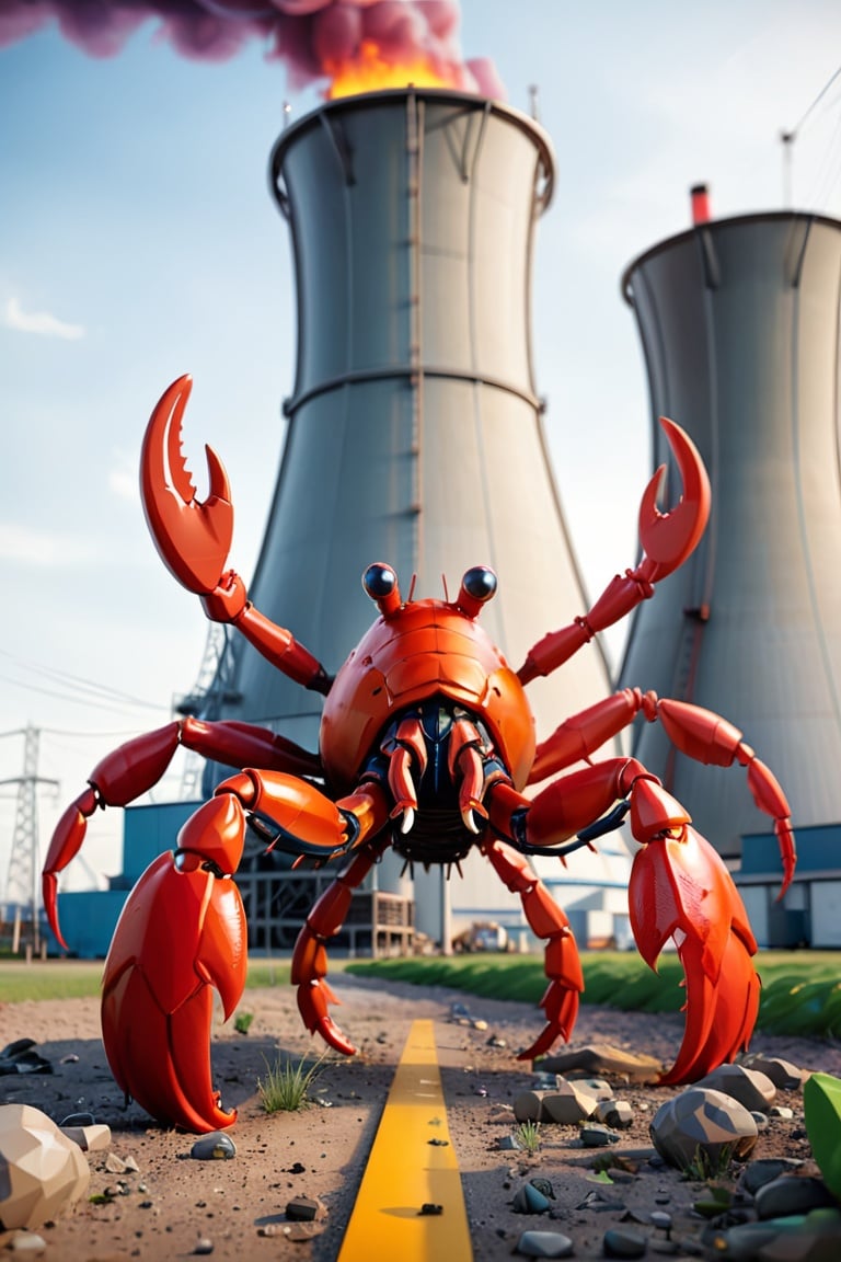 A mutated giant lobster, exposed to radiation, is next to a nuclear power plant.
