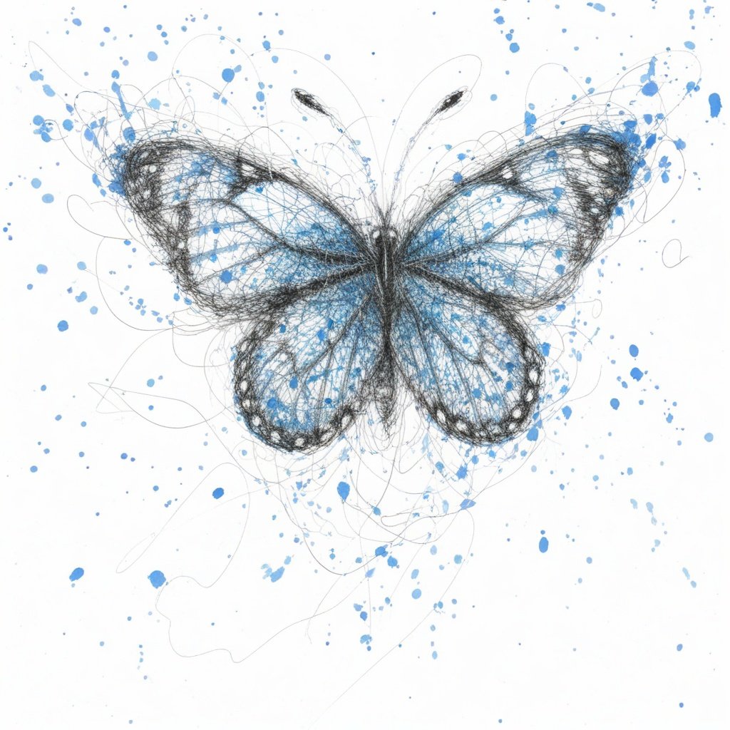 best quality, ultra high res, <lora:飞线画:0.8>,scribble,blue butterfly, 