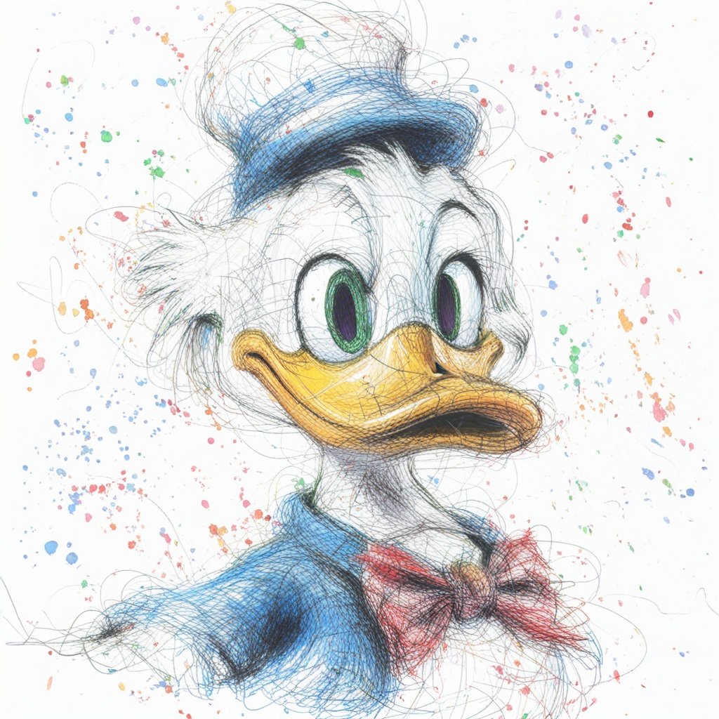 best quality, ultra high res, <lora:飞线画:1>,scribble,donald duck, 