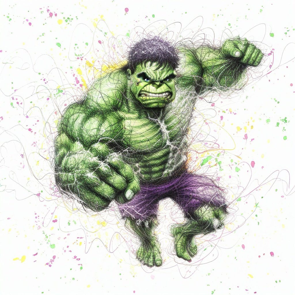 best quality, ultra high res, <lora:飞线画:1>,scribble,hulk, 