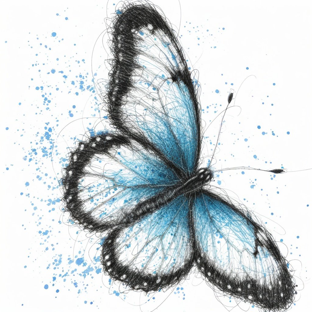 best quality, ultra high res, <lora:飞线画:0.8>,scribble,blue butterfly, 