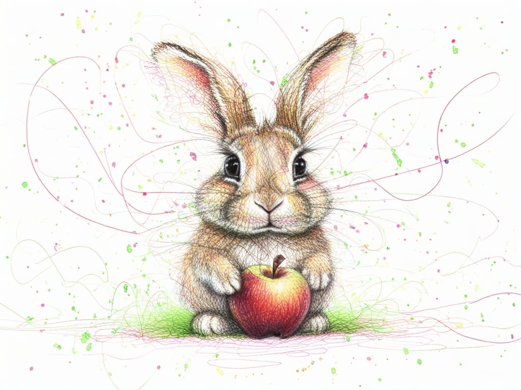 best quality, ultra high res, <lora:飞线画:1>,scribble,apple bunny, 