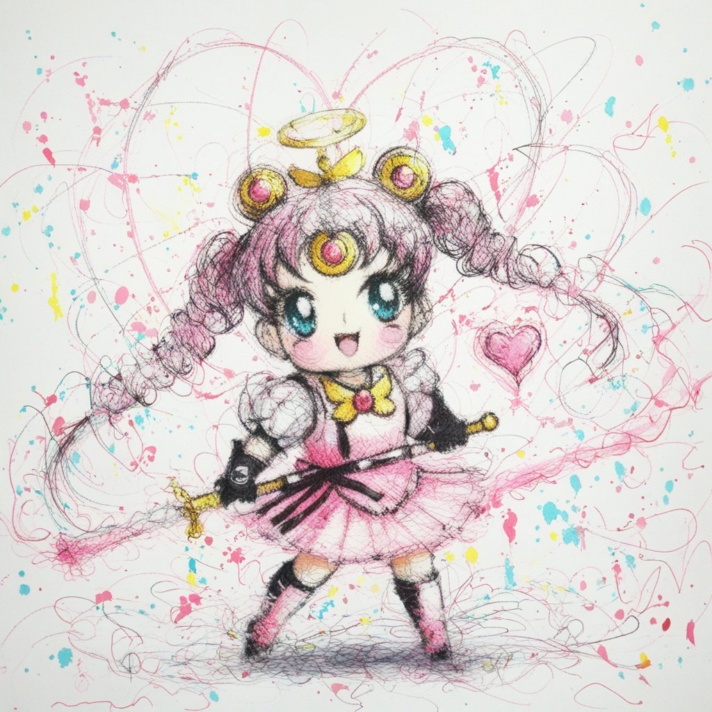 masterpiece, best quality, <lora:飞线画:1>,scribble,magical girl, 