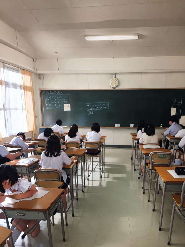 masterpiece, best quality, ultra-detailed, illustration,1girl, school uniform, black hair, skirt , short hair, white shirt, kyoushitsu, classroom, chalkboard, desk, indoors, chair, school, scenery, school desk, ceiling light, ceiling, window, tiles, locker, tile floor <lora:gakkou-00008:0.8>