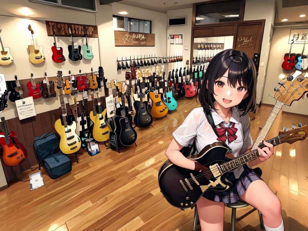 masterpiece, best quality, ultra-detailed, illustration,(2girls:1.4), school uniform,  school bag,  smile ,guitarshop, guitar, instrument, electric guitar, bass guitar, amplifier, gibson les paul, drum, acoustic guitar, speaker, wooden floor, indoors,  <lora:guitarshop:0.8>