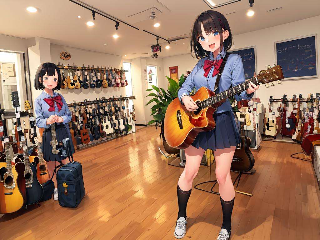 masterpiece, best quality, ultra-detailed, illustration,(2girls:1.4), school uniform,  school bag,  smile ,guitarshop, guitar, instrument, electric guitar, bass guitar, amplifier, gibson les paul, drum, acoustic guitar, speaker, wooden floor, indoors,  <lora:guitarshop:0.8>