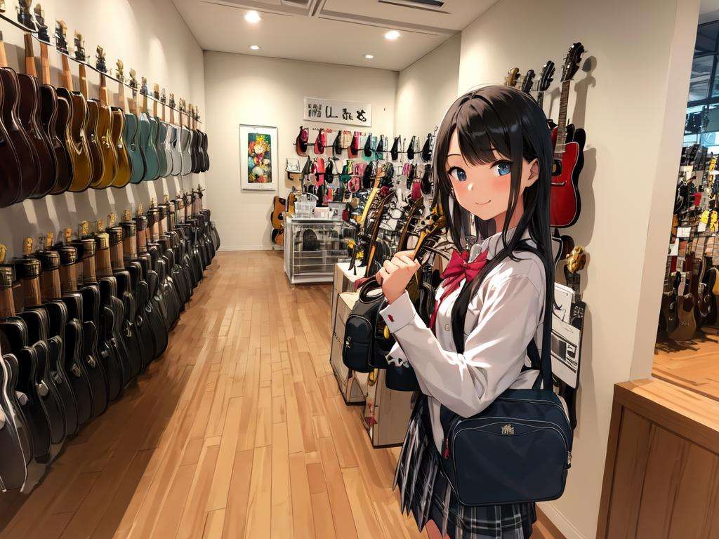 masterpiece, best quality, ultra-detailed, illustration, (2girls:1.4), school uniform,  school bag,  smile ,guitarshop, guitar, instrument, electric guitar, bass guitar, amplifier, speaker, wooden floor, indoors,  <lora:guitarshop-000002:1>