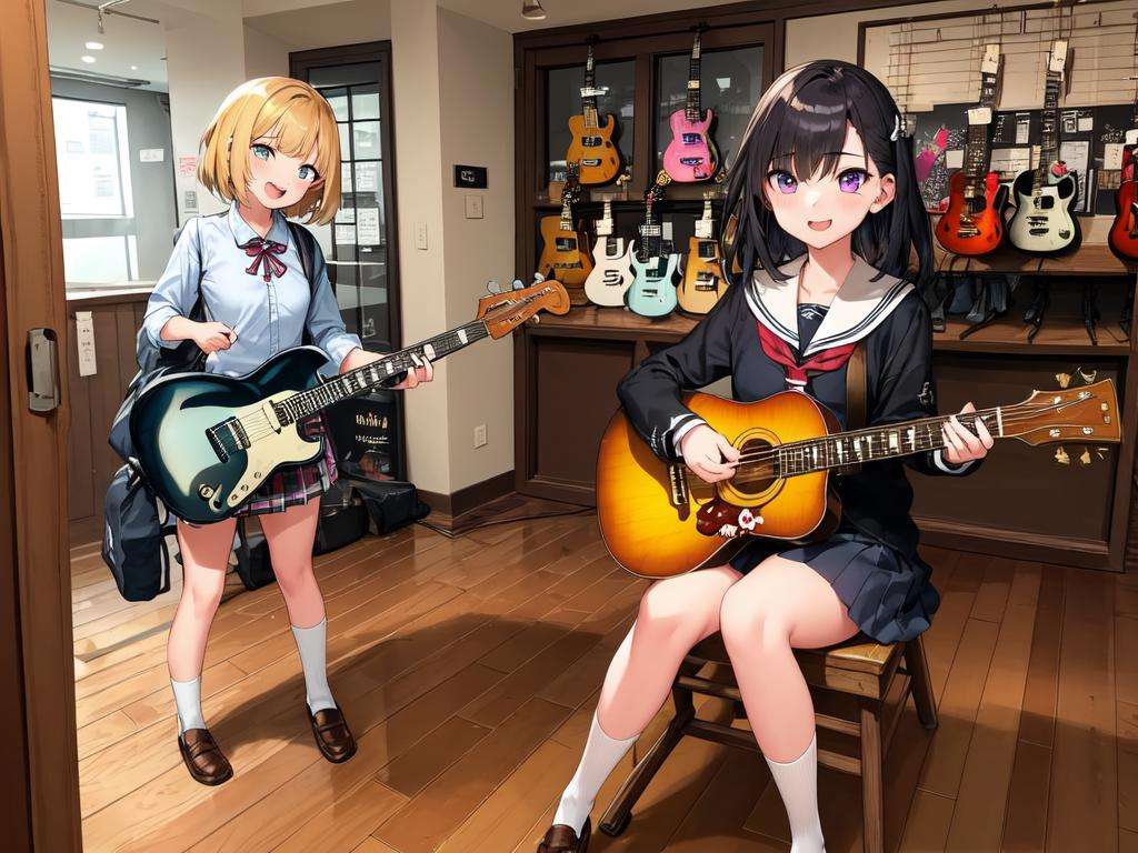 masterpiece, best quality, ultra-detailed, illustration,(2girls:1.4), school uniform,  school bag,  smile ,guitarshop, guitar, instrument, electric guitar, bass guitar, amplifier, gibson les paul, drum, acoustic guitar, speaker, wooden floor, indoors,  <lora:guitarshop:0.8>