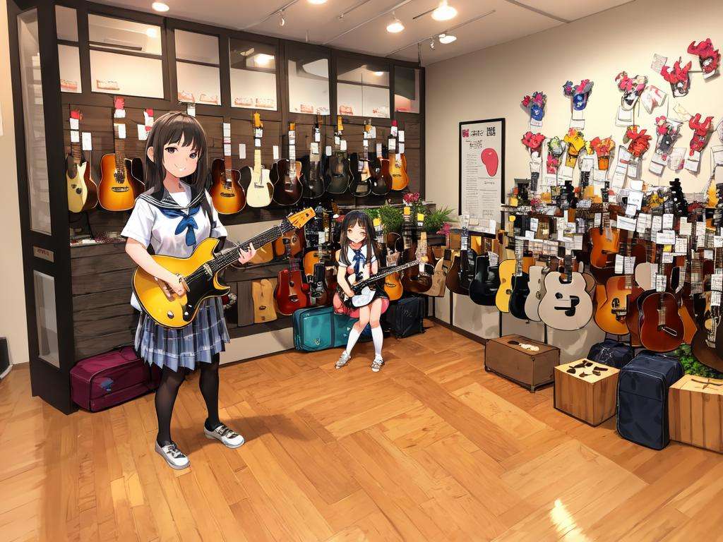 masterpiece, best quality, ultra-detailed, illustration,(2girls:1.4), school uniform,  school bag,  smile ,guitarshop, guitar, instrument, electric guitar, bass guitar, amplifier, gibson les paul, drum, acoustic guitar, speaker, wooden floor, indoors,  <lora:guitarshop:0.8>