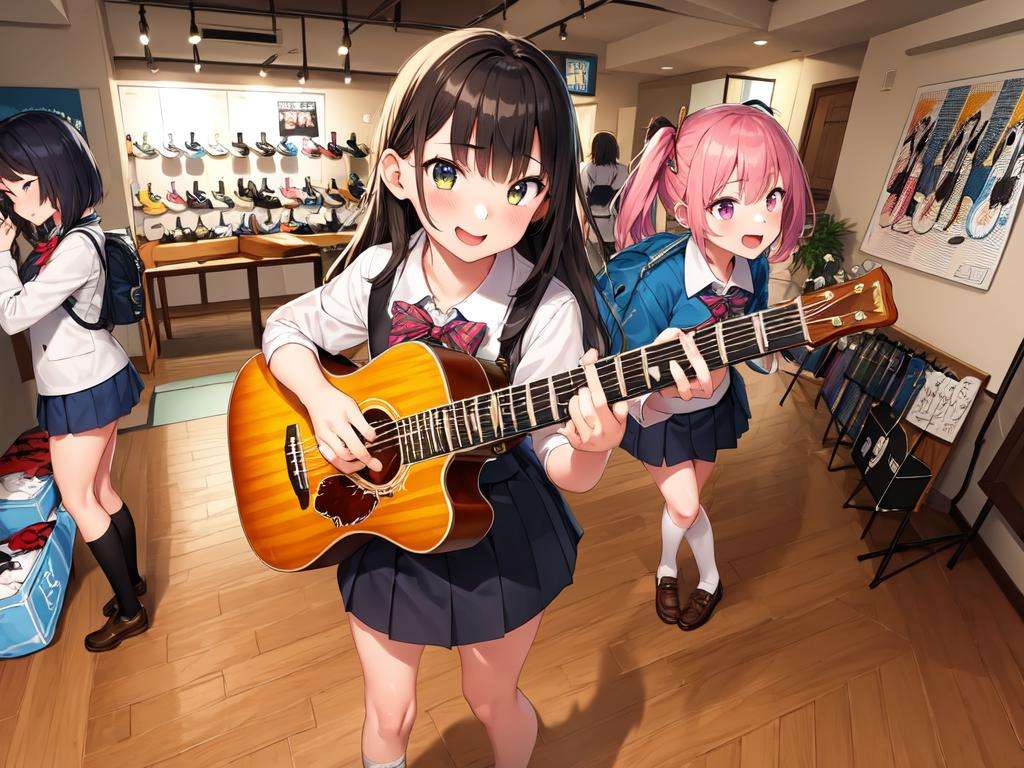 masterpiece, best quality, ultra-detailed, illustration,(2girls:1.4), school uniform,  school bag,  smile ,guitarshop, guitar, instrument, electric guitar, bass guitar, amplifier, gibson les paul, drum, acoustic guitar, speaker, wooden floor, indoors,  <lora:guitarshop:0.8>