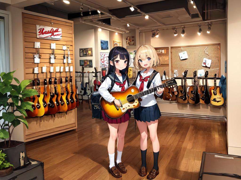 masterpiece, best quality, ultra-detailed, illustration,(2girls:1.4), school uniform,  school bag,  smile ,guitarshop, guitar, instrument, electric guitar, bass guitar, amplifier, gibson les paul, drum, acoustic guitar, speaker, wooden floor, indoors,  <lora:guitarshop:0.8>