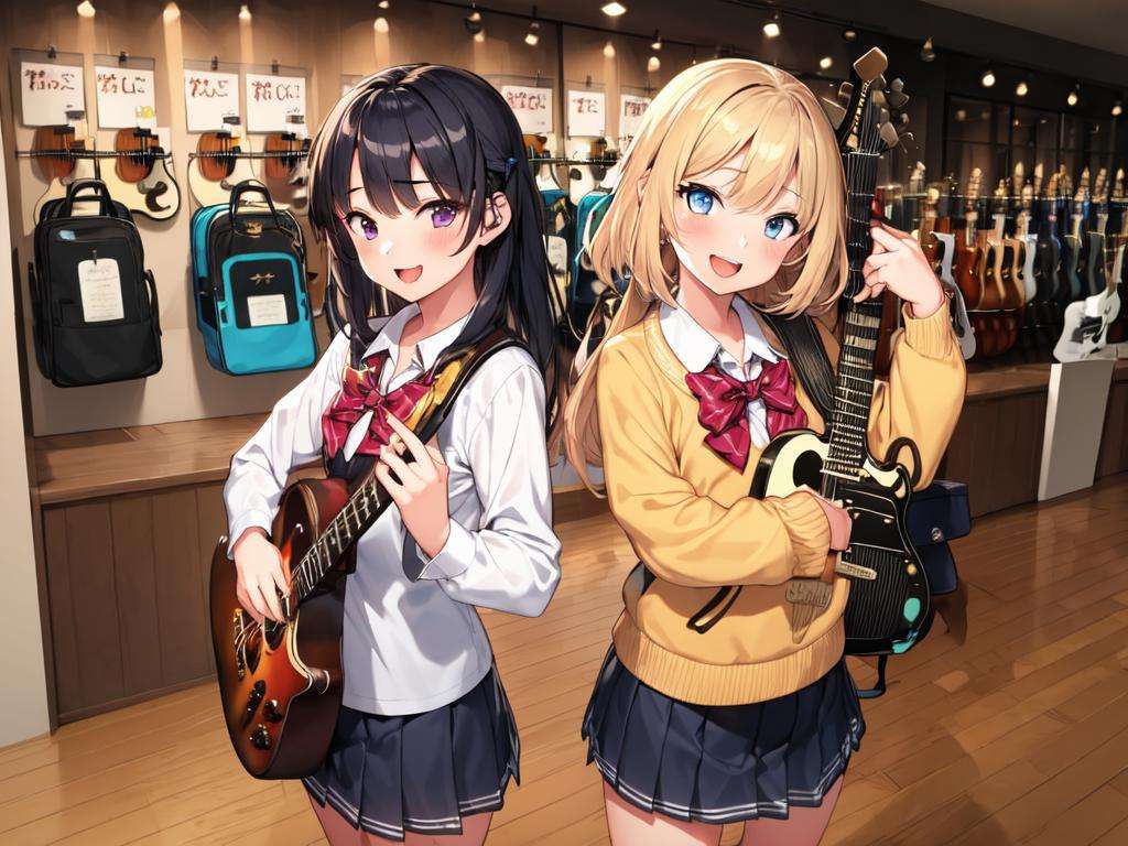 masterpiece, best quality, ultra-detailed, illustration, (2girls:1.4), school uniform,  school bag,  smile ,guitarshop, guitar, instrument, electric guitar, bass guitar, amplifier, speaker, wooden floor, indoors,  <lora:guitarshop-000002:1>