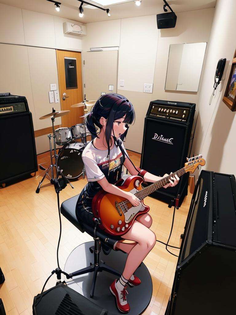 masterpiece, best quality, ultra-detailed, illustration,multiple girls, hold guitar, dynmic, microphone, microphone stand,rihasuta, drum, instrument, drum set, keyboard (instrument), amplifier, guitar, speaker, scenery, indoors, microphone, chair, electric guitar, drumsticks,<lora:rihasuta-000004:0.6>