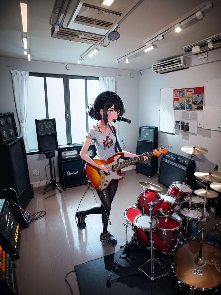 masterpiece, best quality, ultra-detailed, illustration,multiple girls, hold guitar, dynmic, microphone, microphone stand,rihasuta, drum, instrument, drum set, keyboard (instrument), amplifier, guitar, speaker, scenery, indoors, microphone, chair, electric guitar, drumsticks,<lora:rihasuta-000004:0.6>