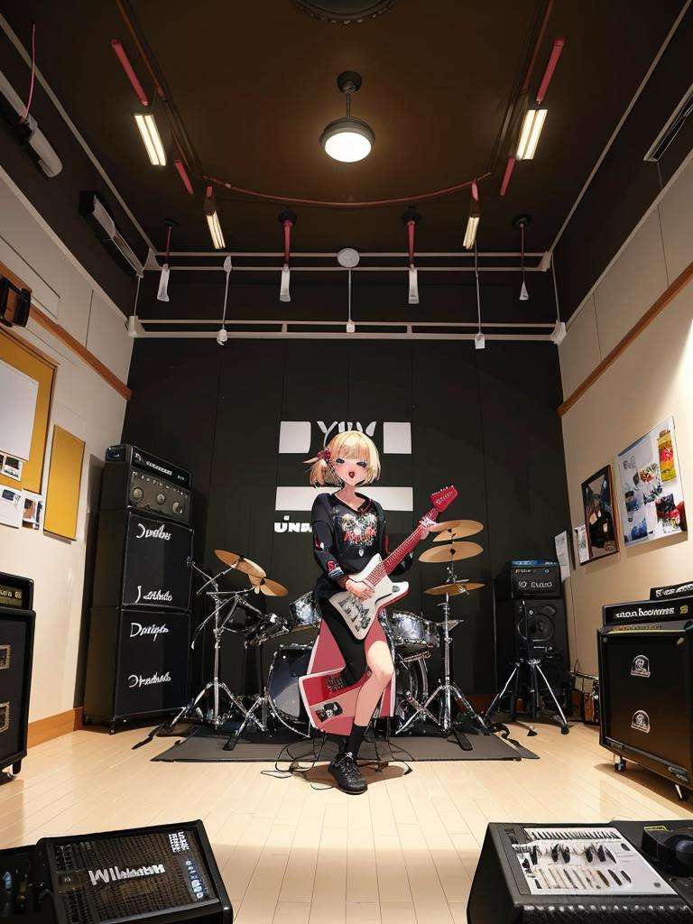 masterpiece, best quality, ultra-detailed, illustration,multiple girls, hold guitar, dynmic, microphone, microphone stand,rihasuta, drum, instrument, drum set, keyboard (instrument), amplifier, guitar, speaker, scenery, indoors, microphone, chair, electric guitar, drumsticks,<lora:rihasuta-000004:0.6>