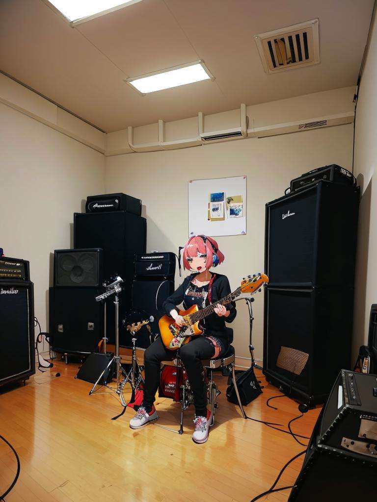 masterpiece, best quality, ultra-detailed, illustration,multiple girls, hold guitar, dynmic, microphone, microphone stand,rihasuta, drum, instrument, drum set, keyboard (instrument), amplifier, guitar, speaker, scenery, indoors, microphone, chair, electric guitar, drumsticks,<lora:rihasuta-000004:0.6>