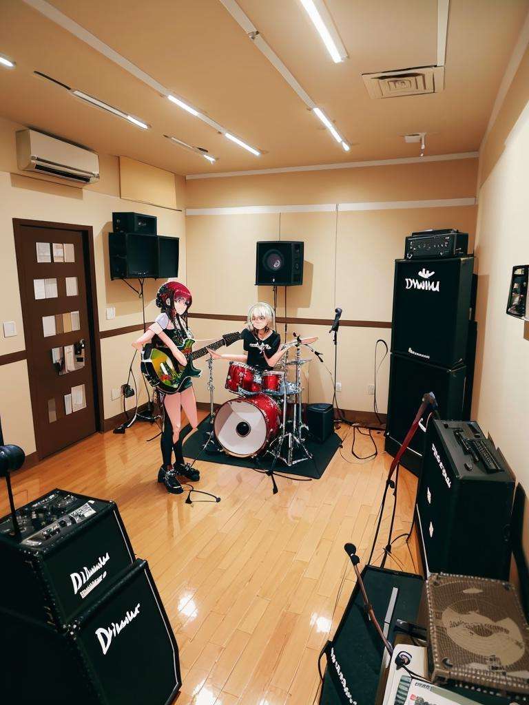 masterpiece, best quality, ultra-detailed, illustration,multiple girls, hold guitar, dynmic, microphone, microphone stand,rihasuta, drum, instrument, drum set, keyboard (instrument), amplifier, guitar, speaker, scenery, indoors, microphone, chair, electric guitar, drumsticks,<lora:rihasuta-000004:0.6>