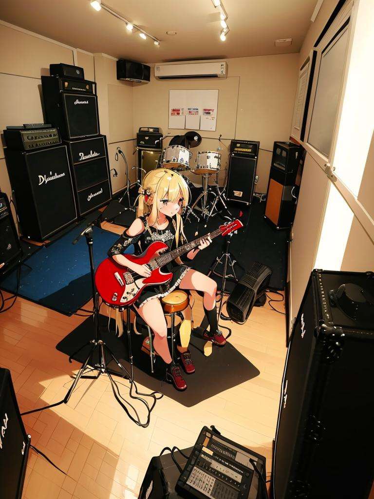 masterpiece, best quality, ultra-detailed, illustration,multiple girls, hold guitar, dynmic, microphone, microphone stand,rihasuta, drum, instrument, drum set, keyboard (instrument), amplifier, guitar, speaker, scenery, indoors, microphone, chair, electric guitar, drumsticks,<lora:rihasuta-000004:0.6>