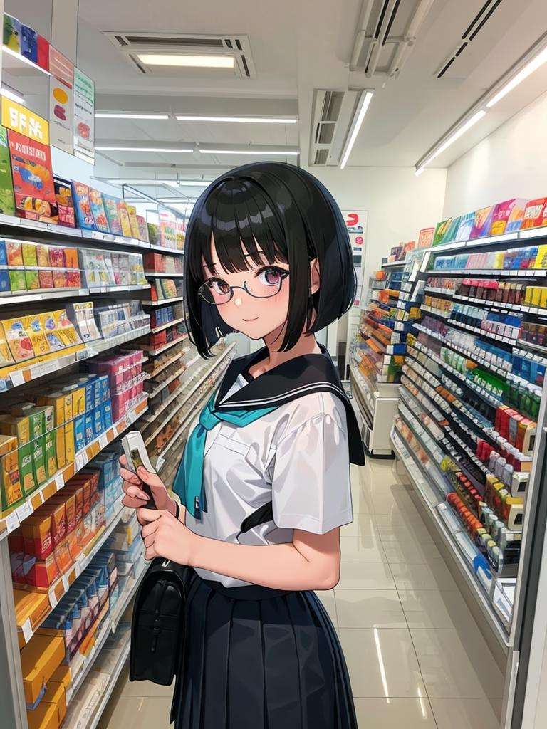 masterpiece, best quality, ultra-detailed, illustration,1girl, black hair, bob cut, glasses, school uniform, school bag, konbini, cashier, shop, indoors,convenience store, <lora:Konbini_V4:0.6>