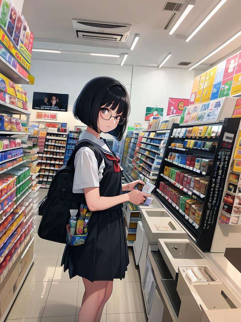 masterpiece, best quality, ultra-detailed, illustration,1girl, black hair, bob cut, glasses, school uniform, school bag, konbini, cashier, shop, indoors,convenience store, <lora:Konbini_V4:0.6>