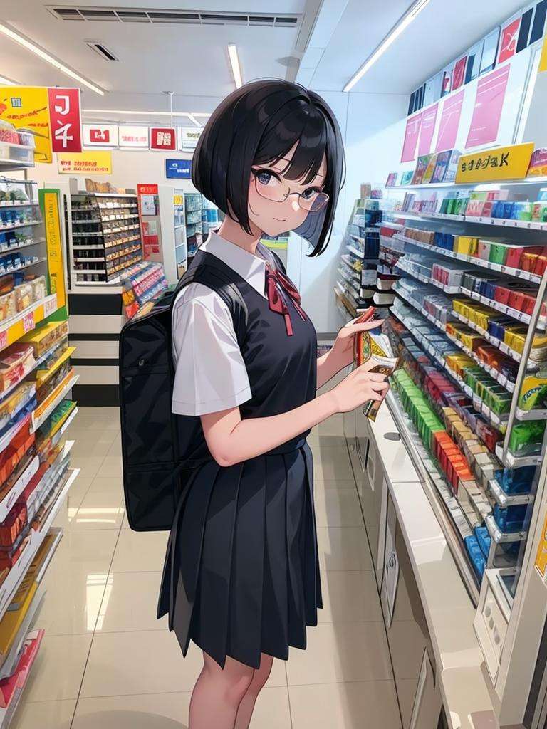 masterpiece, best quality, ultra-detailed, illustration,1girl, black hair, bob cut, glasses, school uniform, school bag, konbini, cashier, shop, indoors,convenience store, <lora:Konbini_V4:0.6>